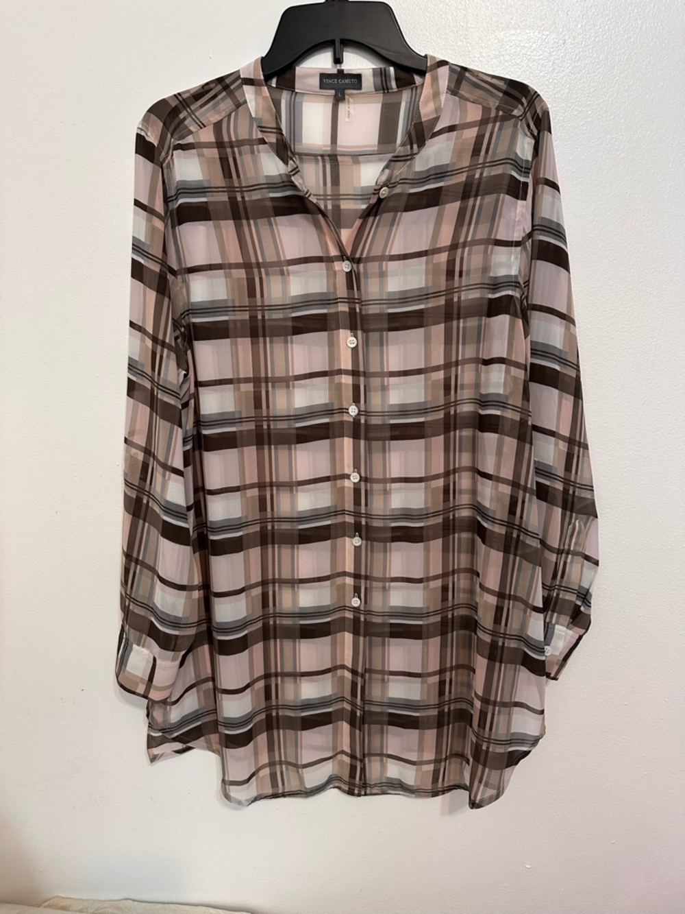 Vince Camuto Sheer Plaid Button-Up Blouse in Pink and Brown